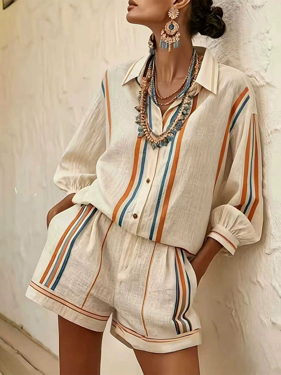 Apricot & Contrasting Vertical Stripe Cotton-linen Shirt + Shorts Two-piece Set