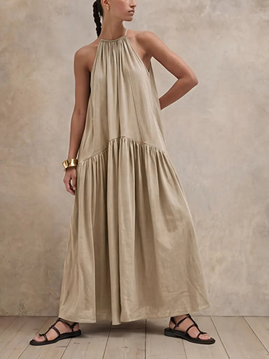 Vestido largo de verano de corte relajado con escote halter, vestido largo holgado sin mangas de mezcla de lino para vacaciones y uso diario.