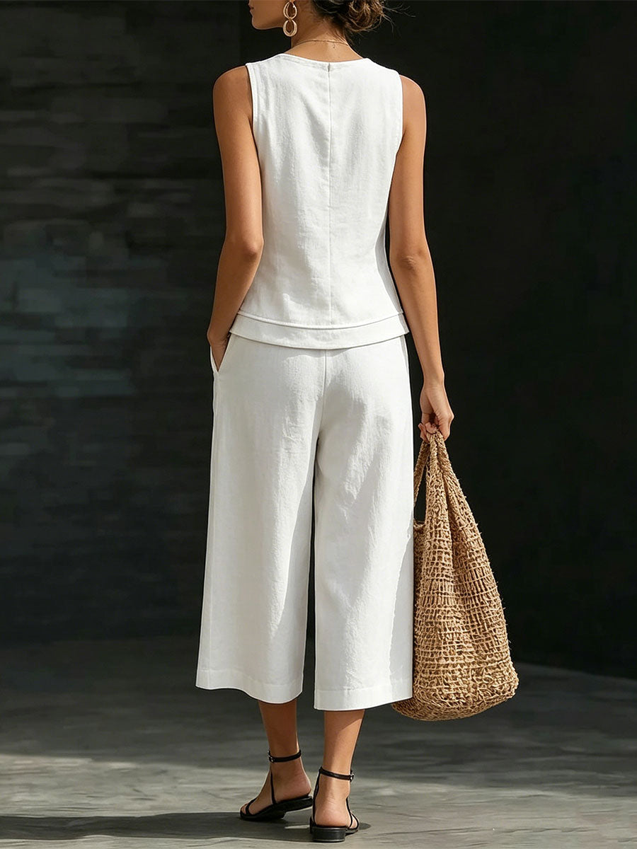 Women's Loose-fit Linen Outfit: Sleeveless Vest & Cropped Wide-leg Pants Set