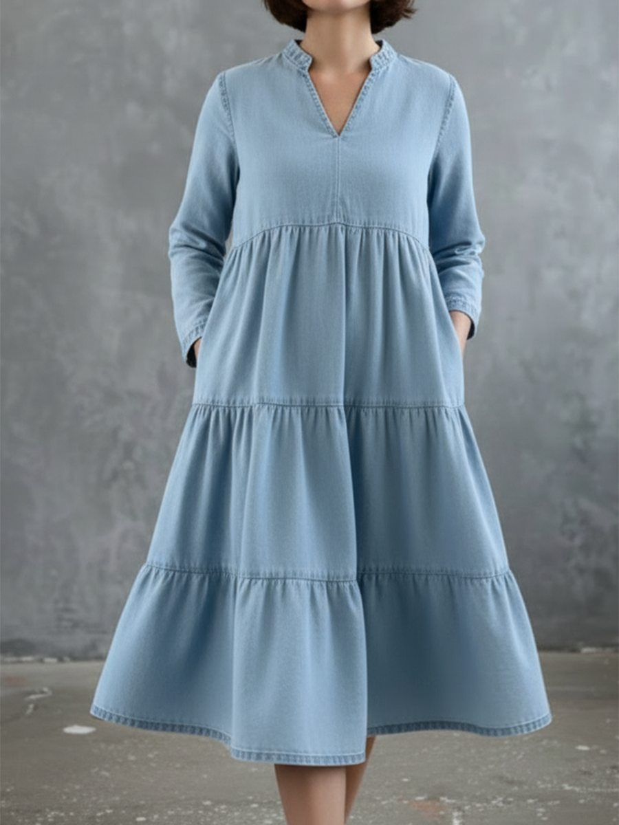 Casual Elegant Multi-layered Hem Denim Dress