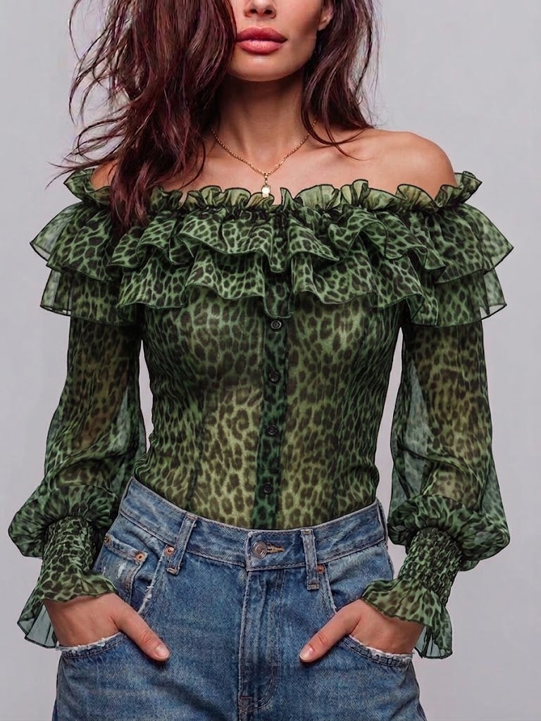 Stylish Off-shoulder Leopard Print Ruffled Blouse