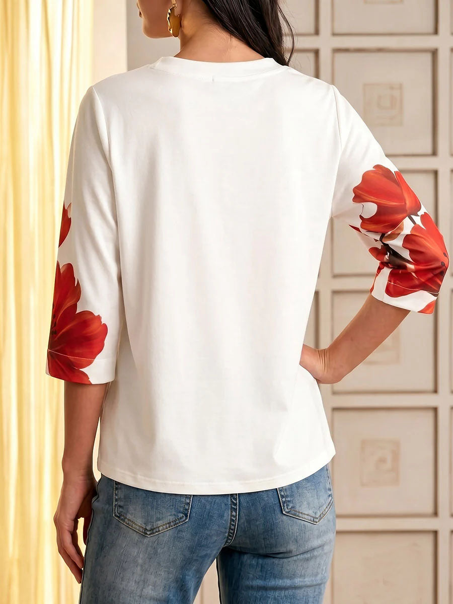 Women's Casual Loose-fit Cotton Top With Placement Print Crew Neck And 3/4 Sleeves