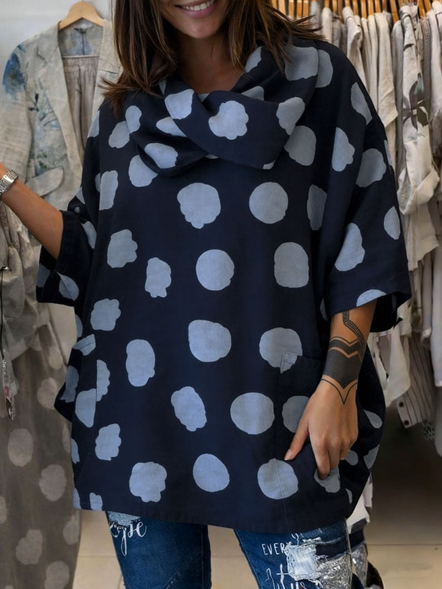 Women's Polka Dot Print Swing Collar 3/4 Sleeve Casual Loose Cotton And Linen Top