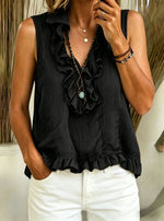 Women's Cotton And Linen Sleeveless Top With Ruffles