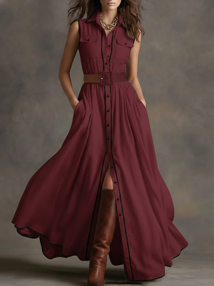 Women's Lapel Sleeveless Casual Loose Cotton And Linen Dress