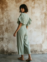 Elegant Ruffled-sleeve V-neck Cotton-linen Wide-leg Jumpsuit