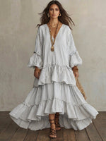 Retro Striped Print Tiered Ruffle Maxi Dress