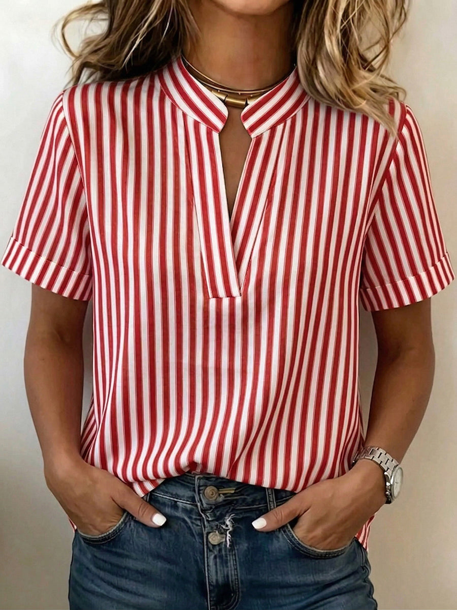 Casual Striped V-neck Cotton-linen Blouse