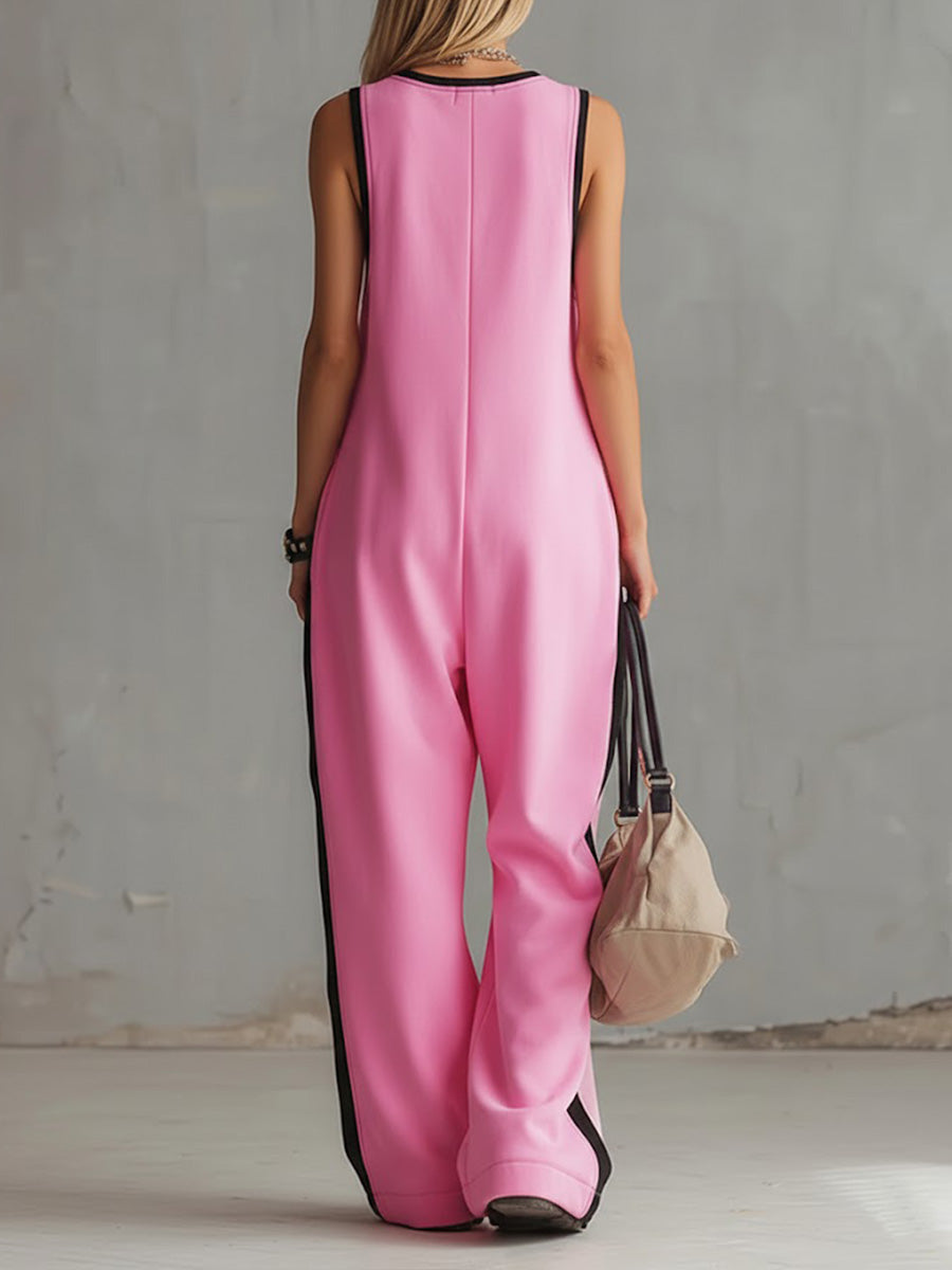 Women's Round Neck Sleeveless Casual Loose-fitting Cotton Wide-leg Jumpsuit