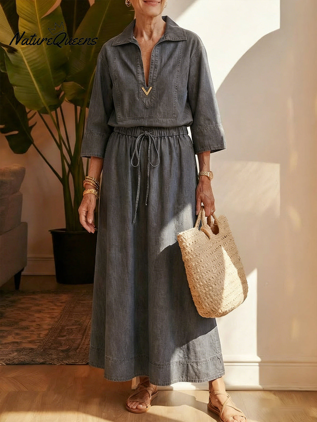 Women's Lapel Denim Cotton Shirt And Skirt Two-piece Set