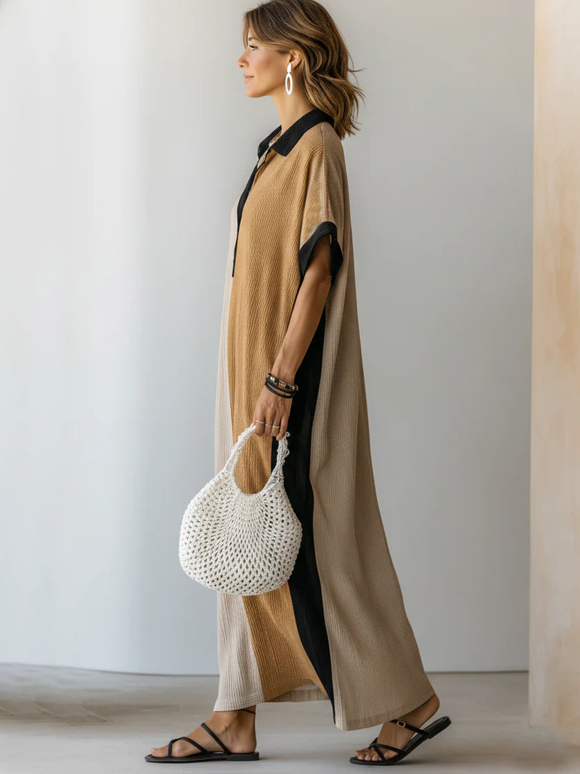 Loose And Comfortable Color-block Linen And Cotton Shirt Dress
