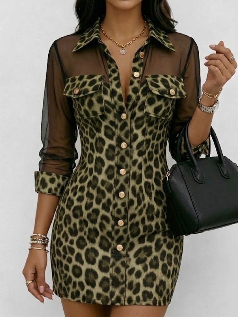 Stylish & Sexy Spliced chiffon Leopard Print Mini Dress