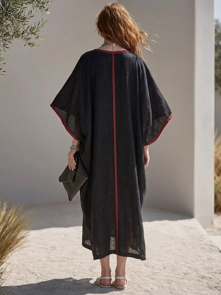 Women's Black And Red Color-blocked Linen Overlay Dress