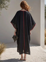 Women's Black And Red Color-blocked Linen Overlay Dress