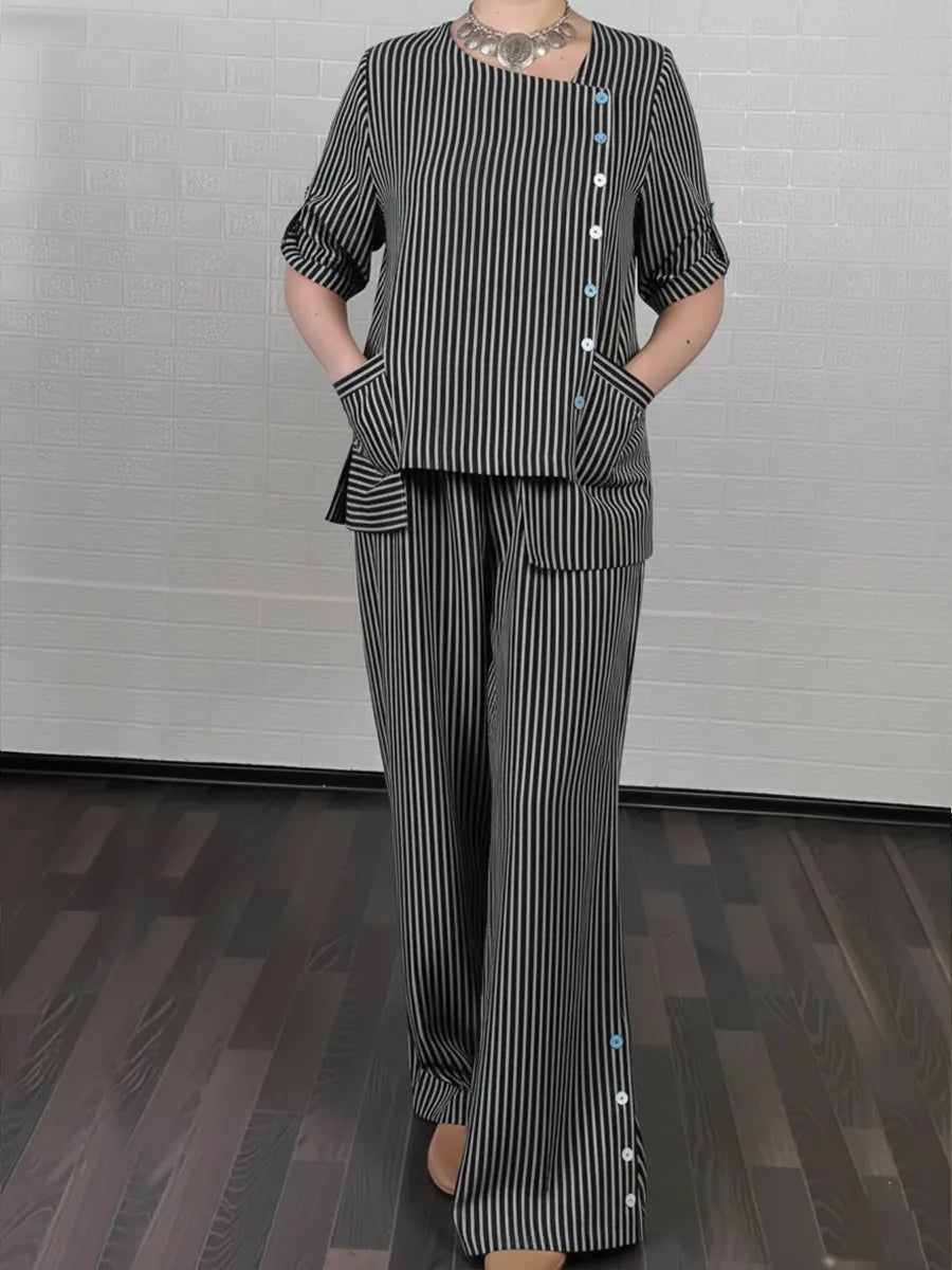 Women's Cozy Striped Linen And Cotton Top And Pants Two-piece Set.