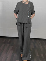 Women's Cozy Striped Linen And Cotton Top And Pants Two-piece Set.