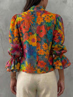 Women's Vintage Oil Painting Print V-neck Long-sleeve Loose-fit Casual Cotton-linen Top
