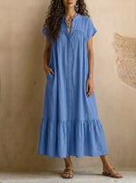 Vestido largo informal de algodón de manga corta con bolsillo inferior para mujer