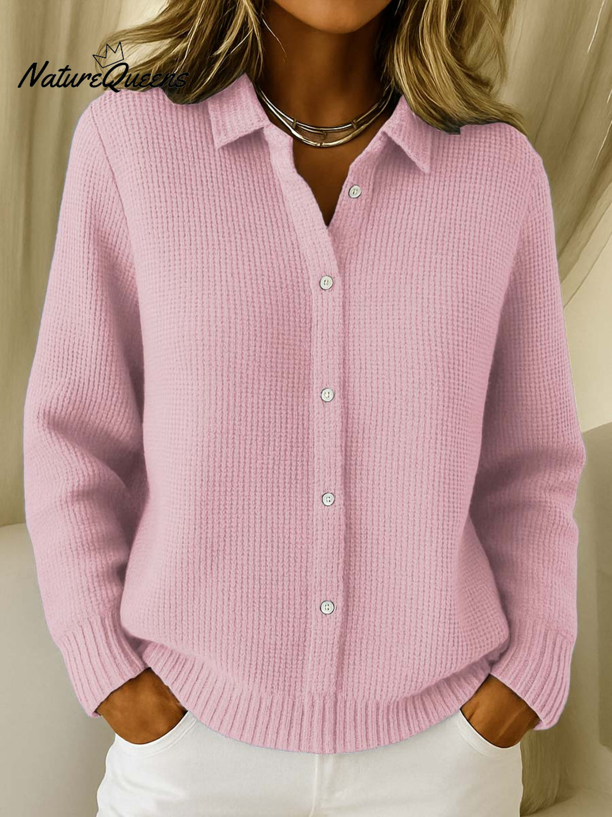 Women's Solid Color Shirt Collar Long Sleeve Waffle Knit Cardigan