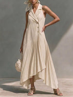 Women's Solid-color Collared Sleeveless Casual Loose Cotton-linen A-line Dress