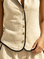 Chic Color-Blocked Trim Sleeveless Vest And Shorts Cotton-Linen Set