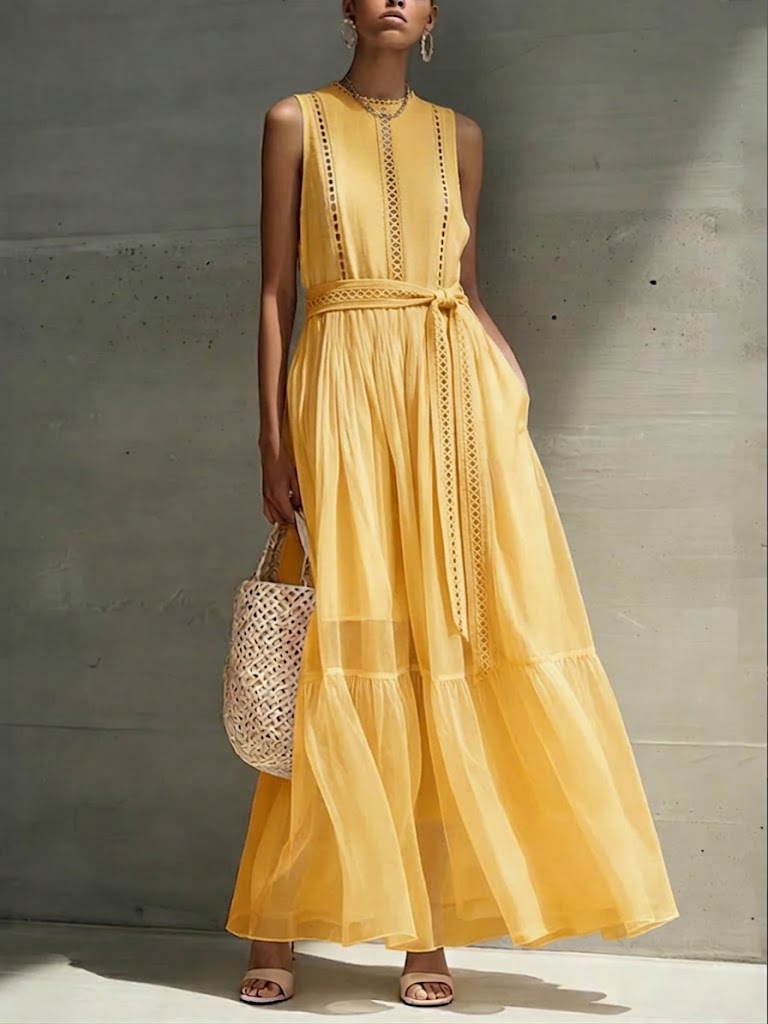 Elegant And Flowing Sleeveless Maxi Dress With Spliced webbing