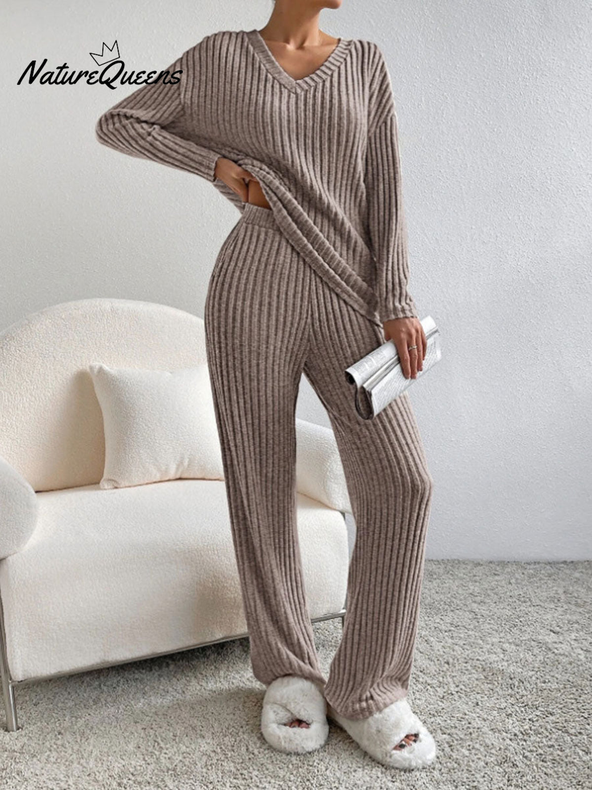 Women's Solid Color Casual Straight Leg Pants Loose V-neck Knit Set