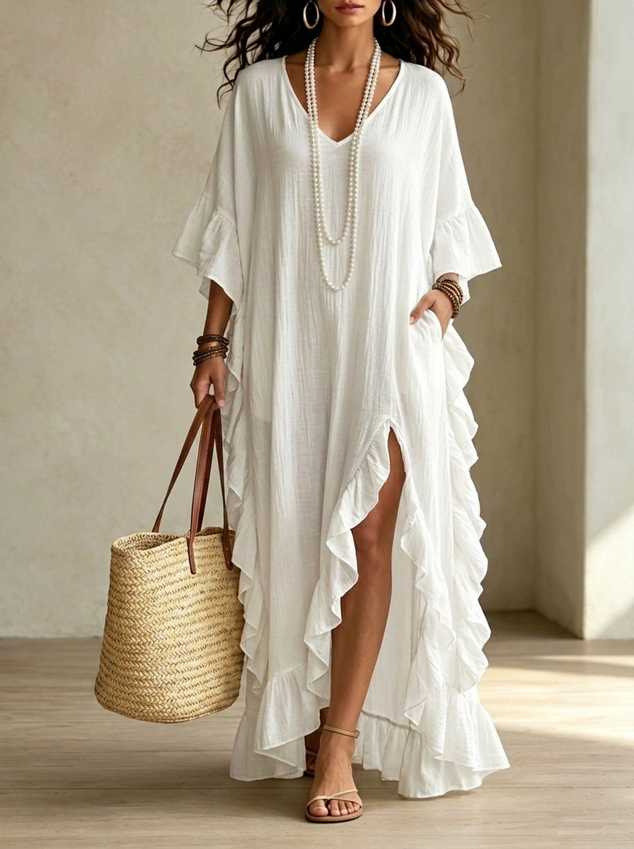 Women’s Elegant Causal Vocation V-neck Ruffle Sleeve Side Slit Maxi Dress