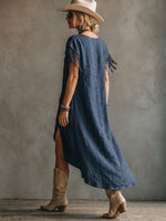 Boho Casual Cotton Dress With Fringed Sleeves