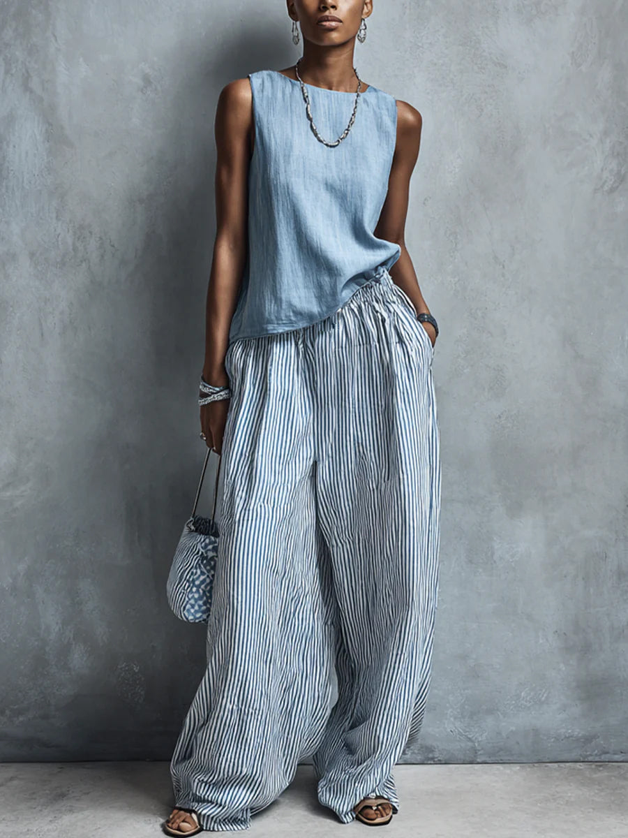 Women's Sleeveless Simple Striped Wide-Leg Pants Set