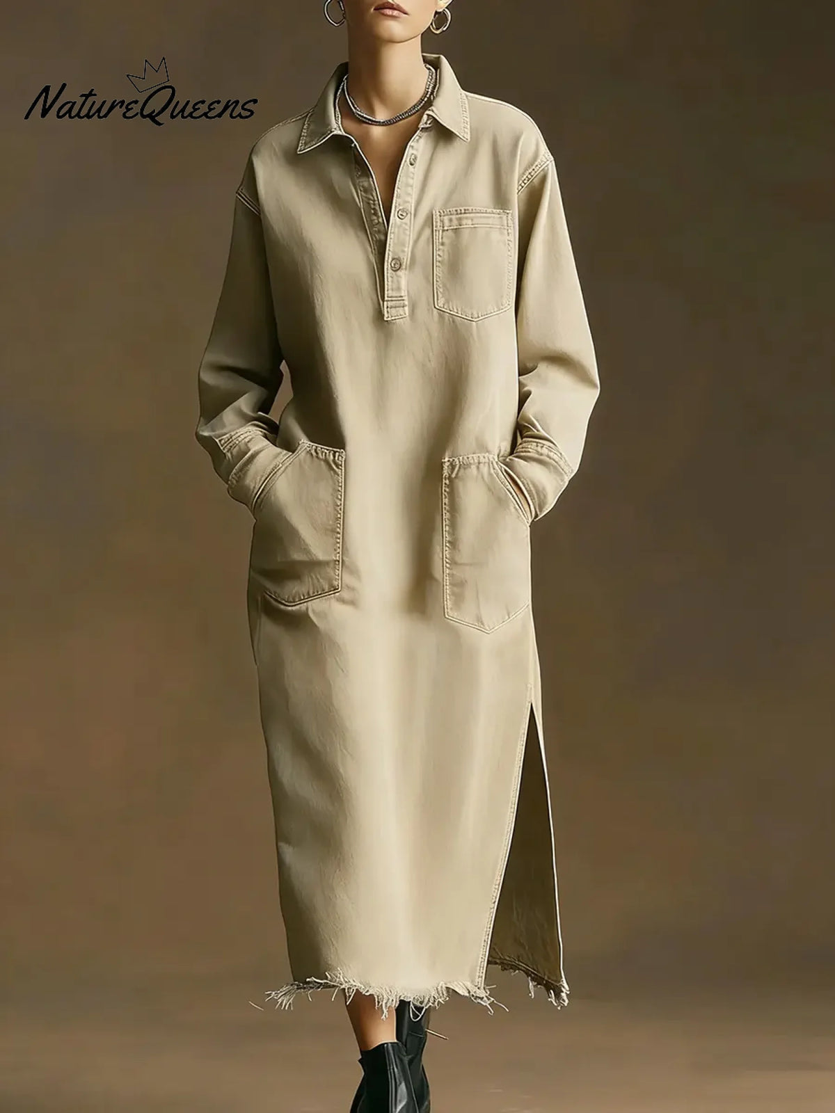 Women's Cardigan Collar Long Sleeve Casual Loose Denim Dress