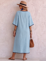 Minimalist Elegant Cotton-linen Dress With Color-contrast Trim