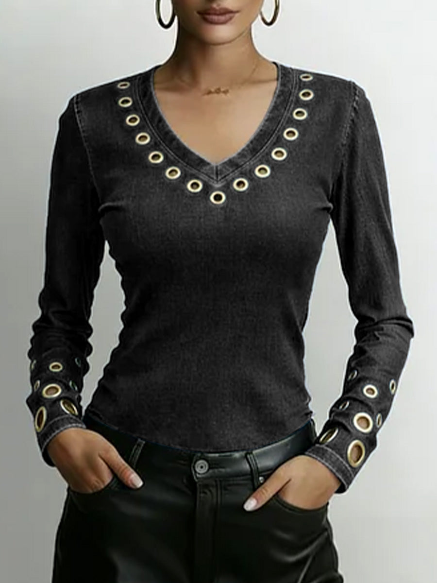 Women's Denim-look V-neck Long-sleeved Casual Loose-fitting Top