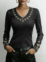 Women's Denim-look V-neck Long-sleeved Casual Loose-fitting Top