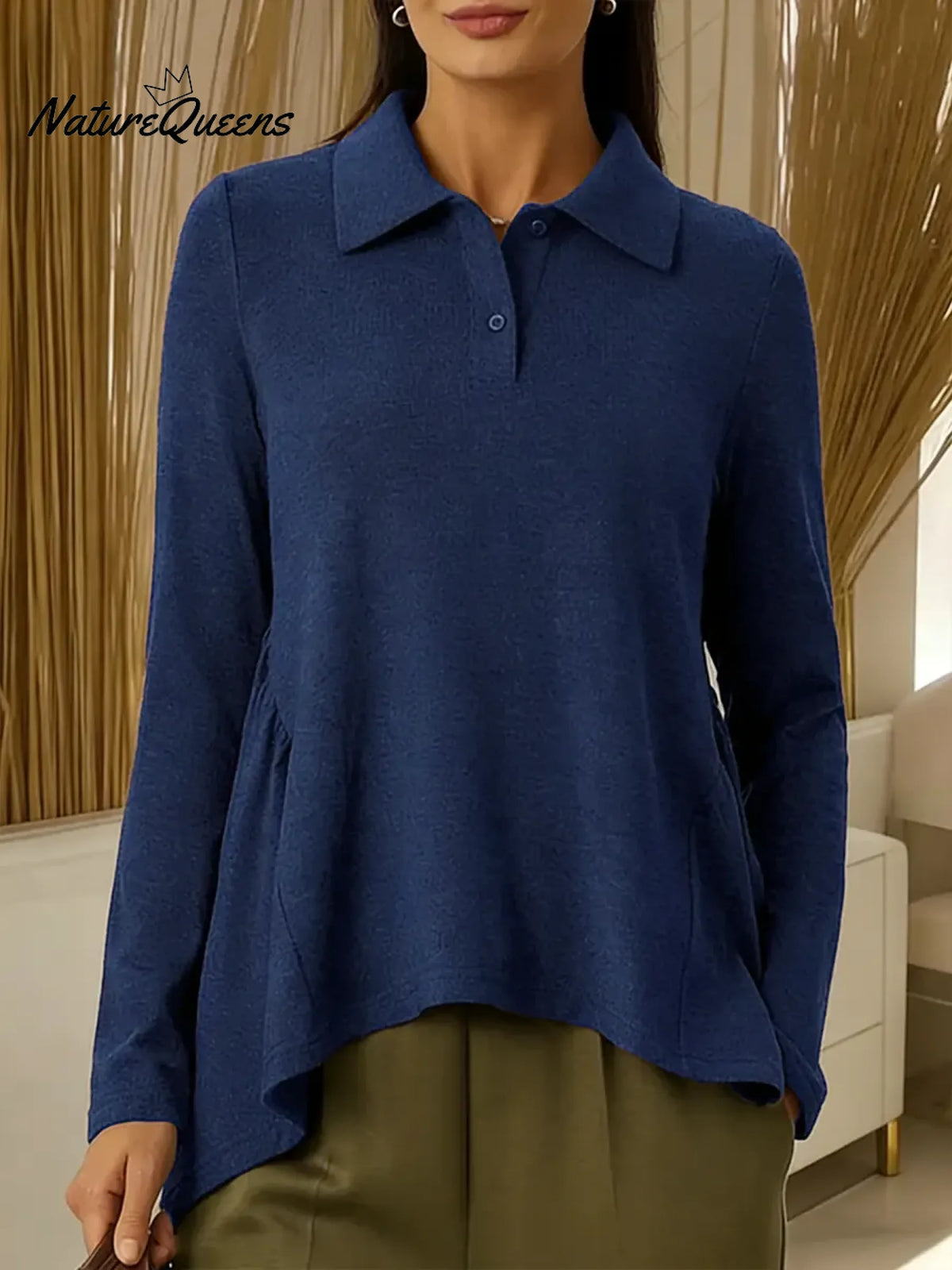 Women's Solid Color Shirt Collar Long-sleeved Casual Loose Top With Irregular Hem.