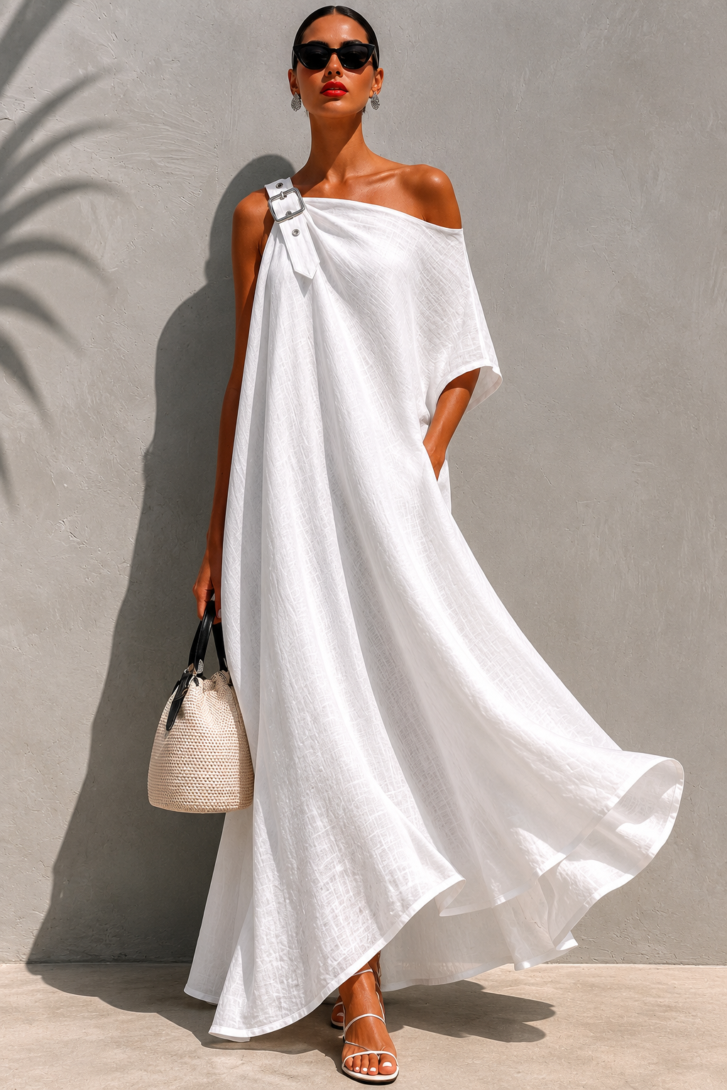 Casual-chic Linen And Cotton One-shoulder Maxi Dress