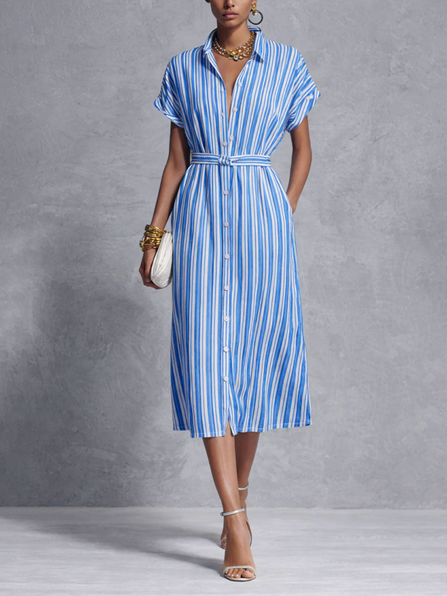 Women's Striped Print Lapel Short-sleeved Casual Loose Shirt Dress