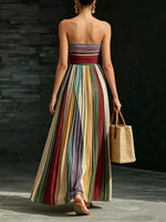 Women's Strapless Pleated Multi-color Patchwork Maxi Dress