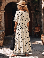 Breathable Polka-dot Cotton-linen Boho Dress With Pockets