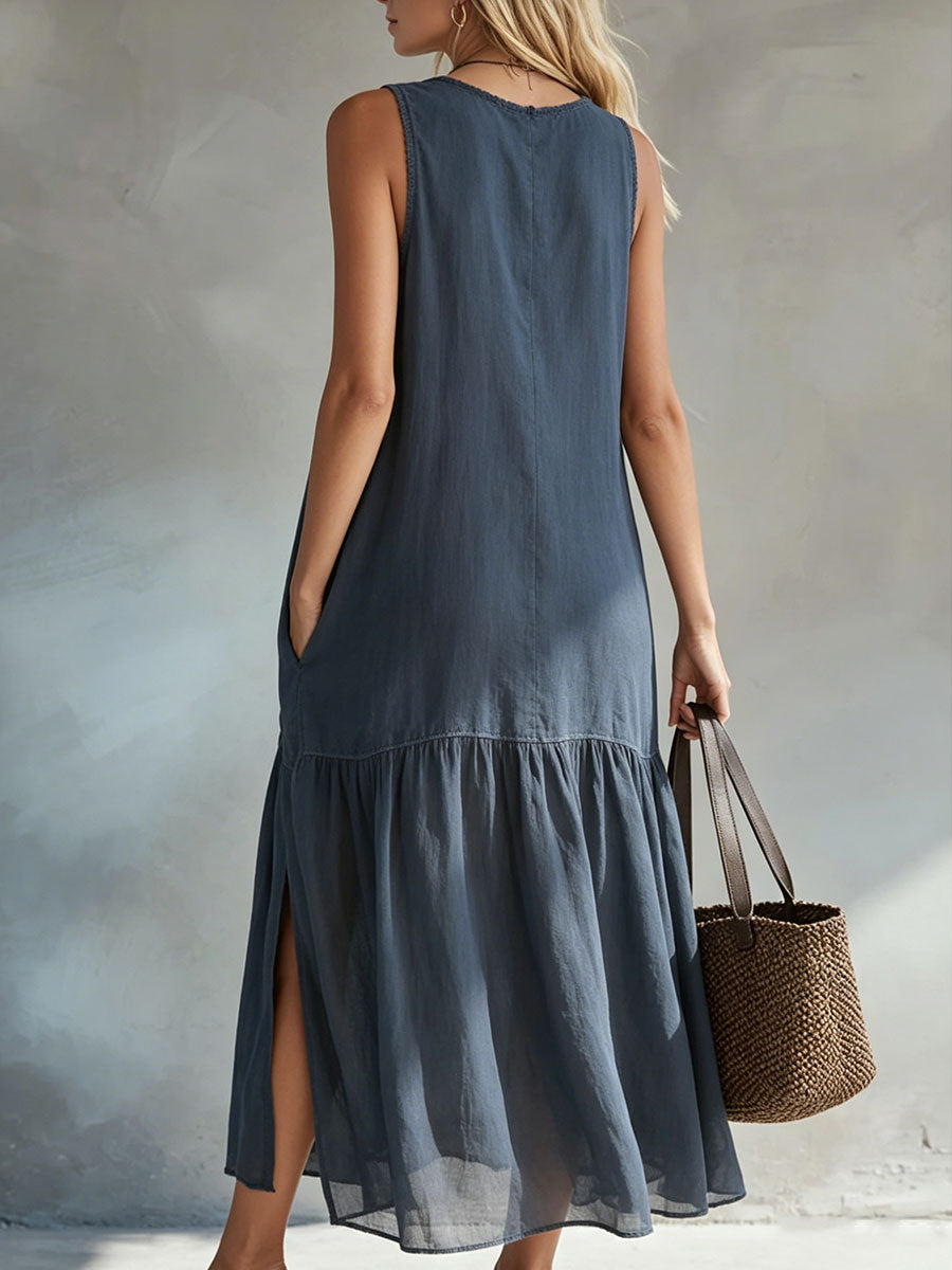 Women's Ash-blue Sleeveless Slit Dress