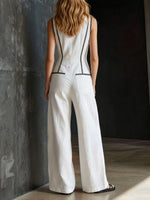Women's Lapel Sleeveless Casual Loose-fit Cotton-linen Wide-leg Jumpsuit