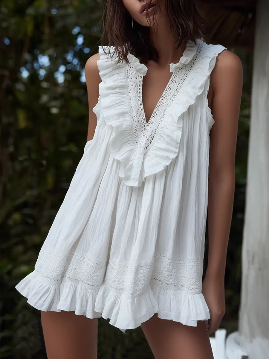 Vacation-style Loose A-line Dress With Ruffled Edges