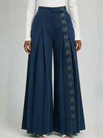Casual Denim Wide-leg Pants With Metal Ring Embellishments.