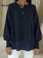 Women's Patchwork Chiffon Comfortable Henley Collar Sweater