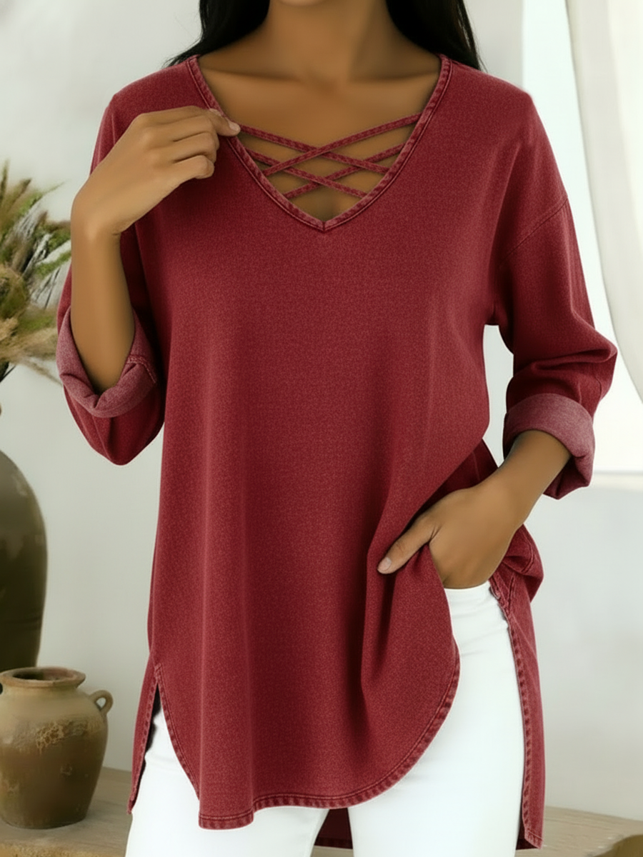 Casual Loose-fitting V-neck Denim Cotton Top