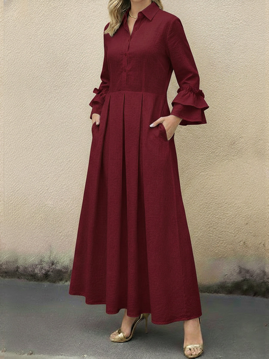 Women's Ruffled Sleeve Linen And Cotton Long Dress