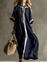 Women's Round Neck 3/4 Sleeve Casual Loose Cotton And Linen Dress