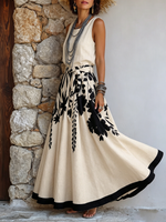 Artistic Floral & Leaf Print Cotton-linen Two-piece Set (skirt & Top)