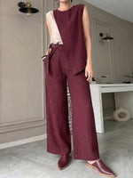 Women's Cotton-Linen Set: Round-Neck Sleeveless Color-Block Top & High-Waisted Loose-Fit Wide-Leg Pants