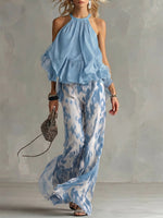 Women's Sleeveless Halter-neck Top And Printed Chiffon Pants Set